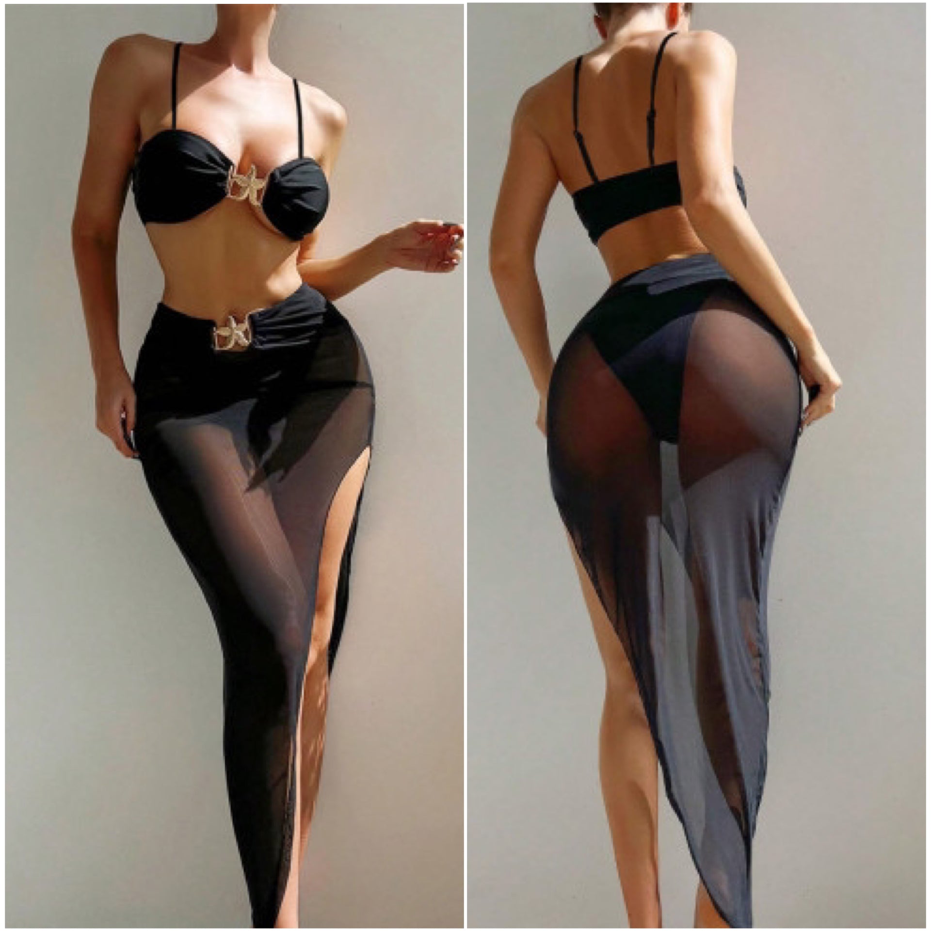 3 Piece Black Starfish Mesh Maxi Skirt & Bikini Swimsuit