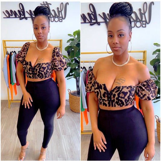 “Sammy” Leopard Print Corset Crop Puff Sleeve Top
