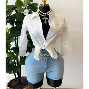 White Collar Button Down 3/4 Sleeve Shirt