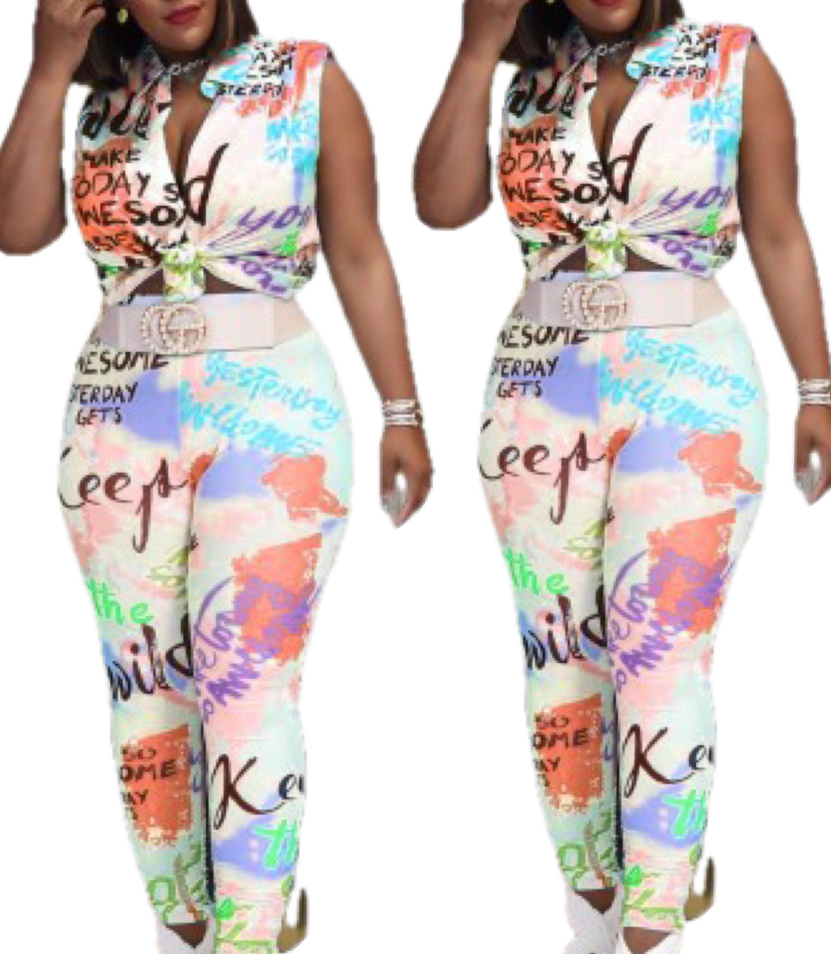 “Graffiti” Graphic Print Sleeveless Tie Top & Legging Set