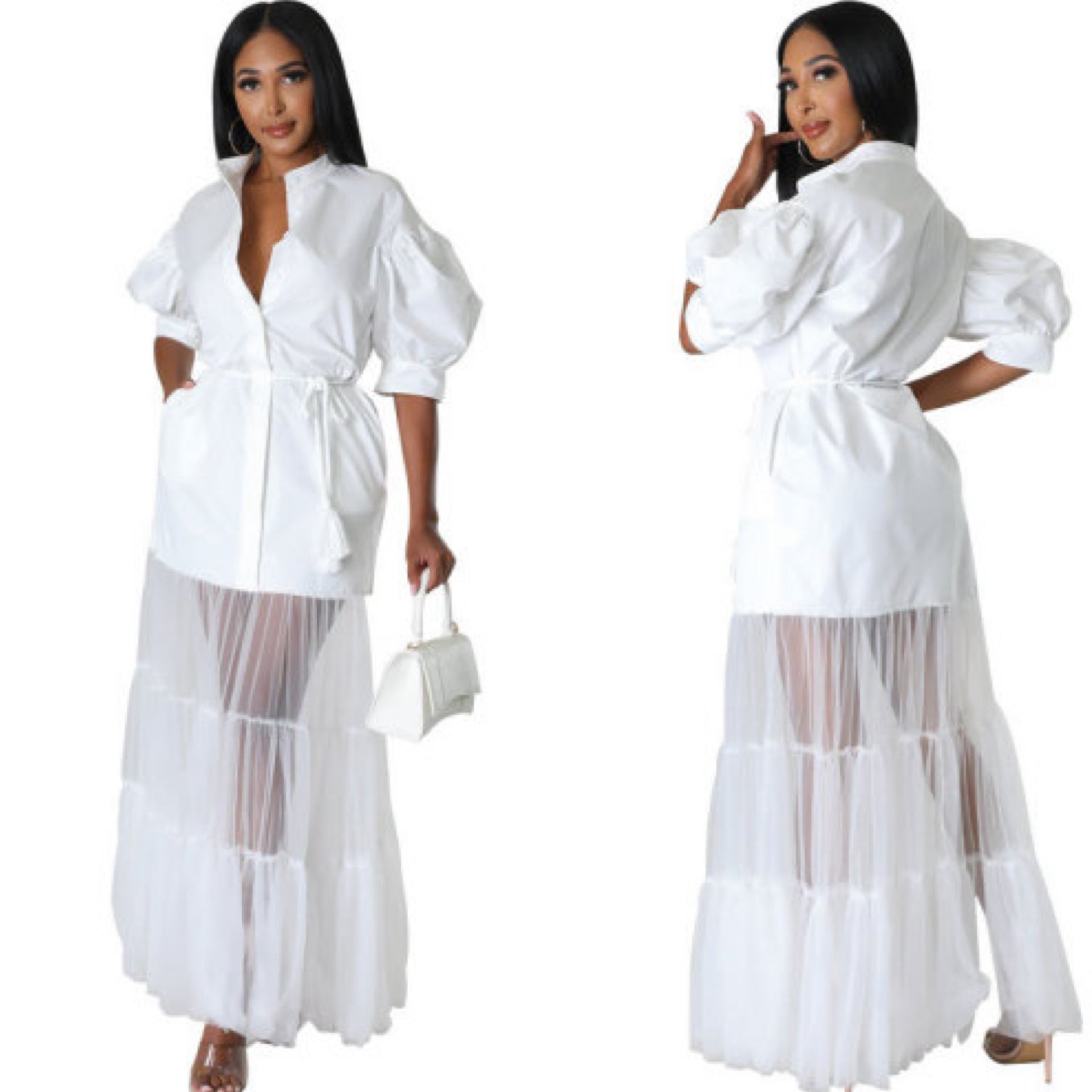“Grace” White Rope Belted Puff 3/4 Sleeve Mesh Bottom Maxi Dress