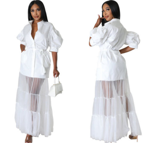 “Grace” White Rope Belted Puff 3/4 Sleeve Mesh Bottom Maxi Dress