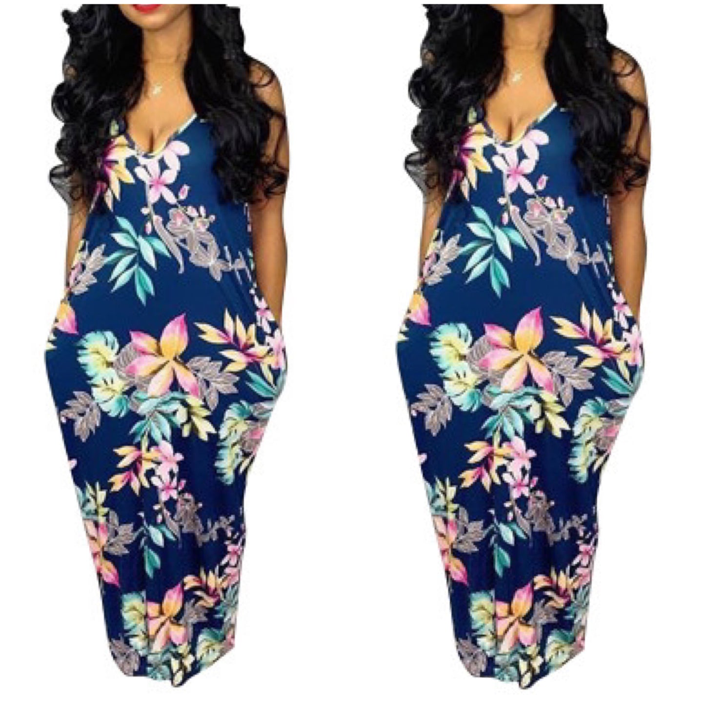 “Wildflower” Floral Pocket Spaghetti Strap Maxi Dress with Scarf