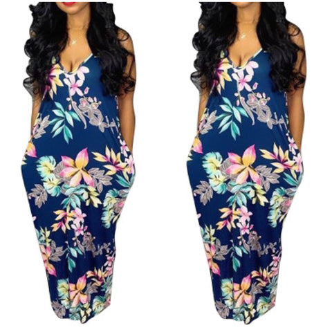 “Wildflower” Floral Pocket Spaghetti Strap Maxi Dress with Scarf