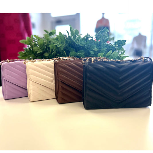 “Chevon” Faux Leather Gold Chain Crossbody Purse