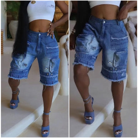 Cargo Denim Oversized Pocket Bermuda Shorts