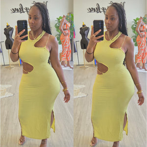 “Kiwi” Stretch Gold Chain Accent Cut Out Maxi Dress