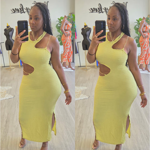 “Kiwi” Stretch Gold Chain Accent Cut Out Maxi Dress