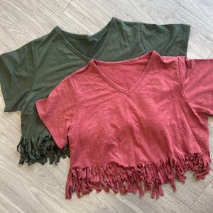 V Neck Fringe Hem Crop Short Sleeve Tee Shirt