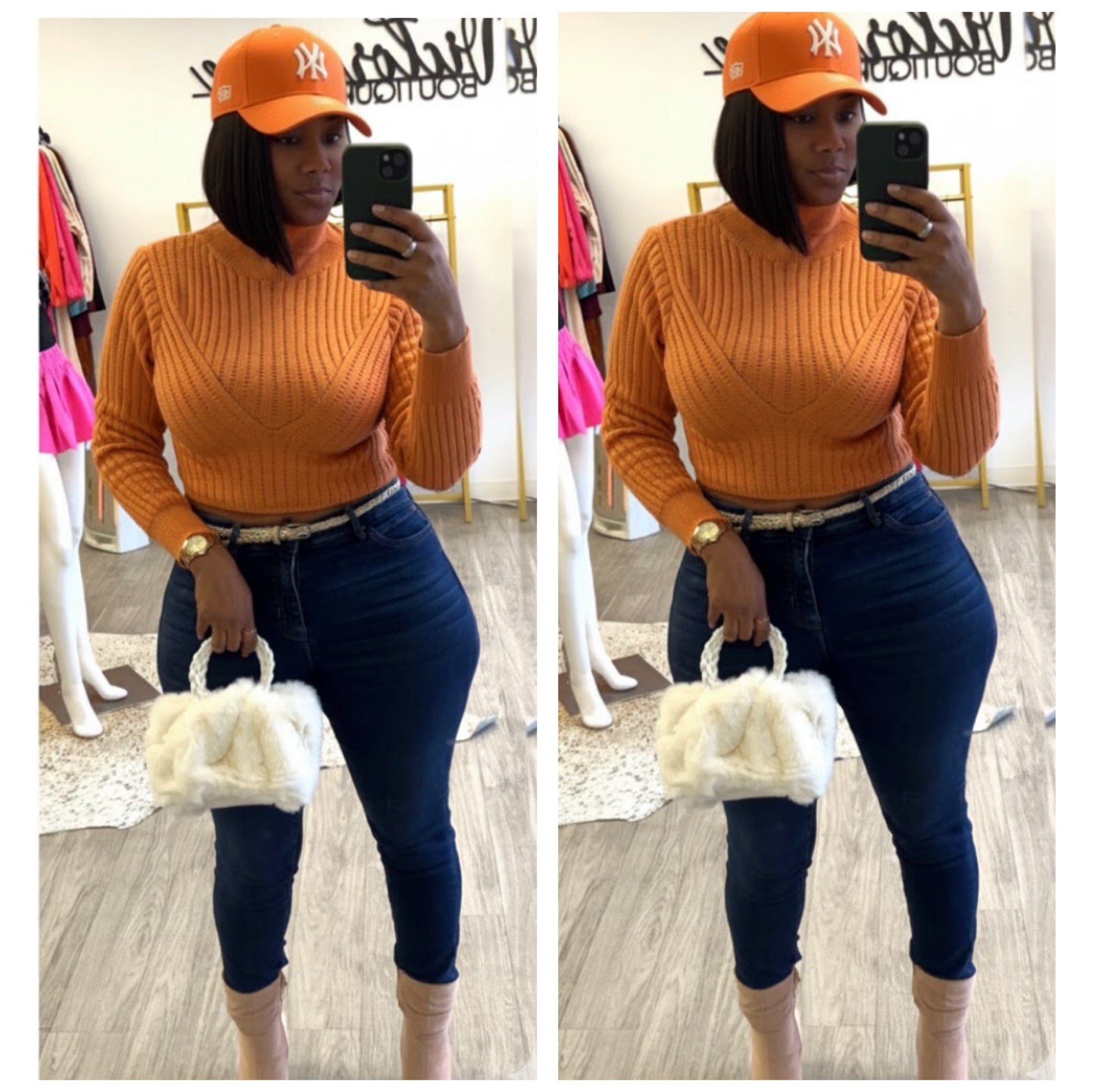 “Tangie” Burnt Orange Crop Turtleneck Long Sleeve Sweater