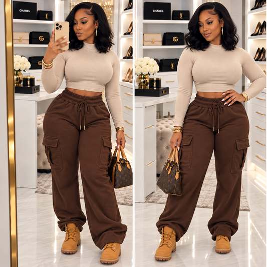 Drawstring Cozy Wide leg Cargo Brown Fleece Pants