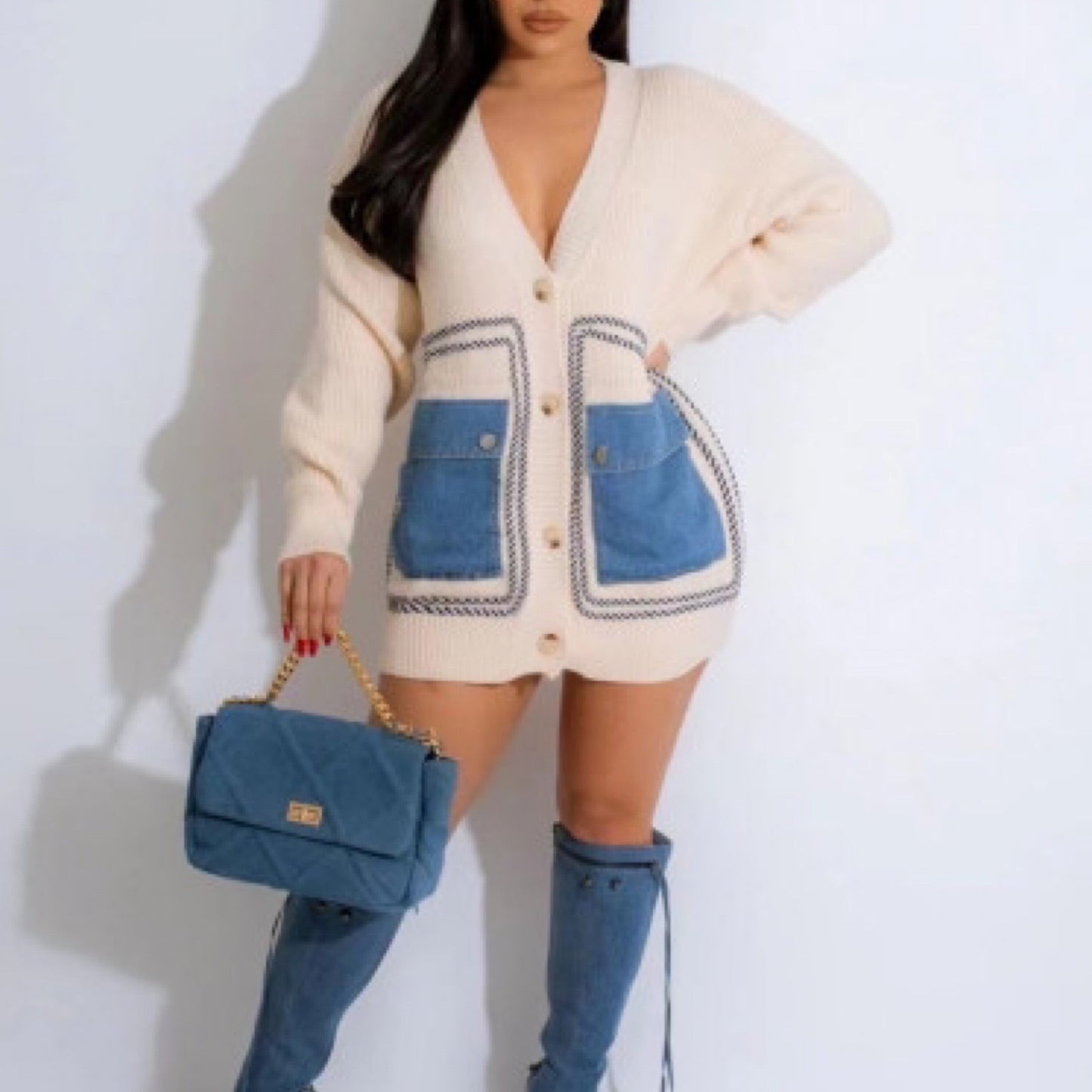 “Dionna” Denim Pocket Cardigan Sweater