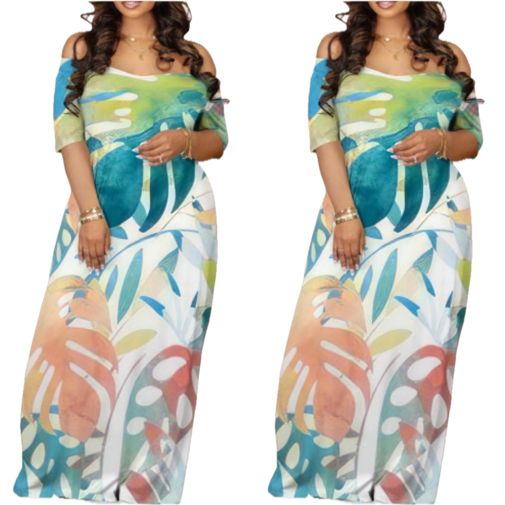 Palm Leaf Short Sleeve Pocket Maxi Dress