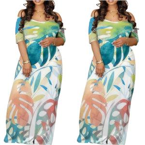 Palm Leaf Short Sleeve Pocket Maxi Dress