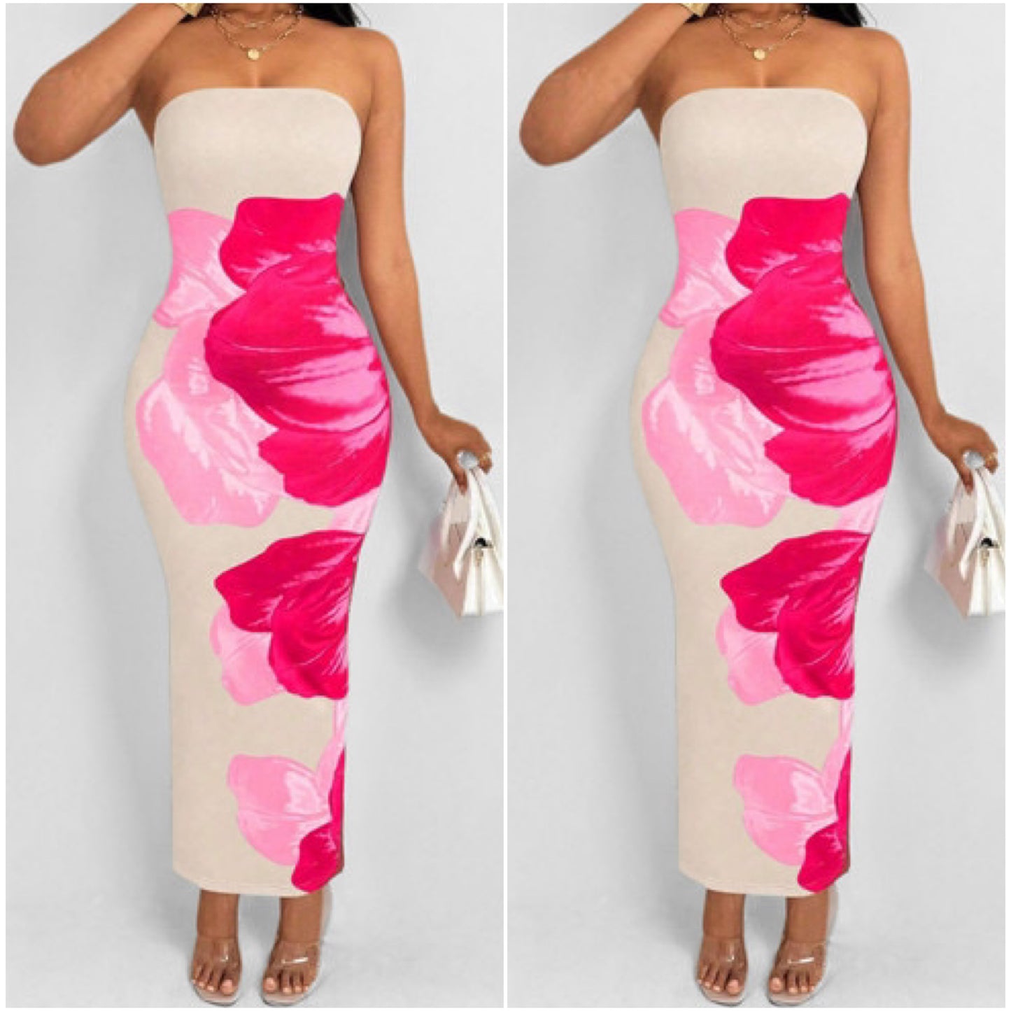 “Rosa” White Rose Print Tube Maxi Dress
