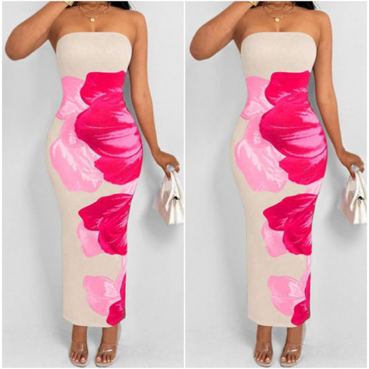 “Rosa” White Rose Print Tube Maxi Dress