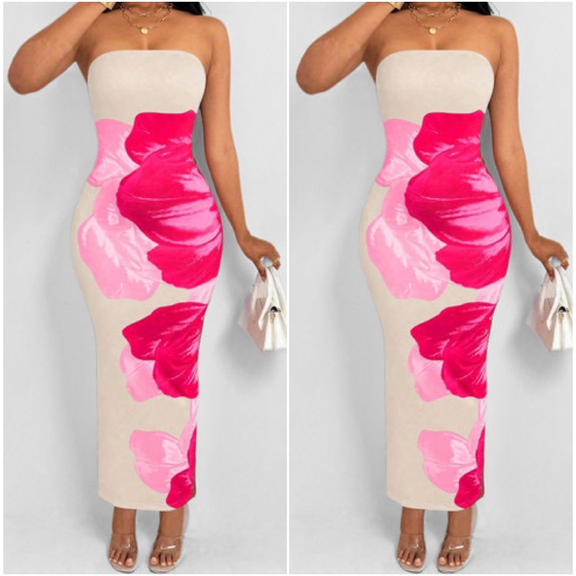 “Rosa” White Rose Print Tube Maxi Dress