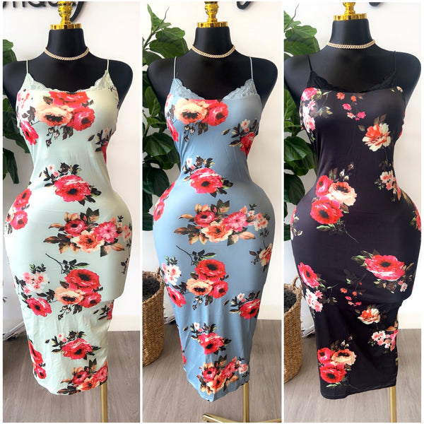 “Tea Time” Floral Spaghetti Strap Lace Trim Mini Dress