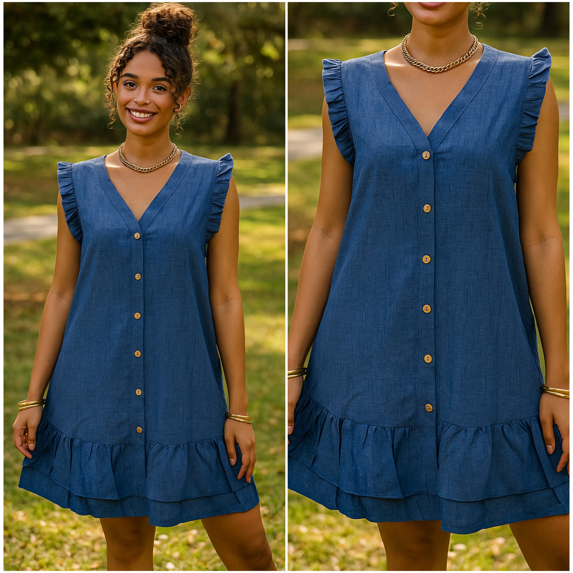 “Tabitha” Lightweight Denim Print Button Ruffle Dress