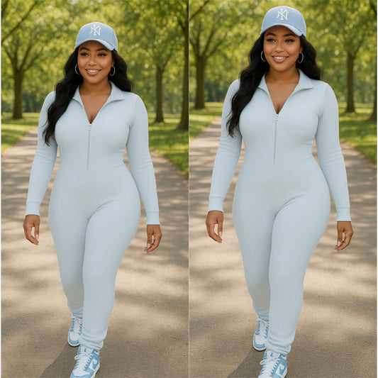 “Breezy” Baby Blue Ribbed Zip Scrunch Bottom Jumpsuit