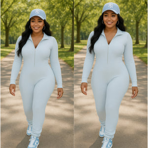 “Breezy” Baby Blue Ribbed Zip Scrunch Bottom Jumpsuit