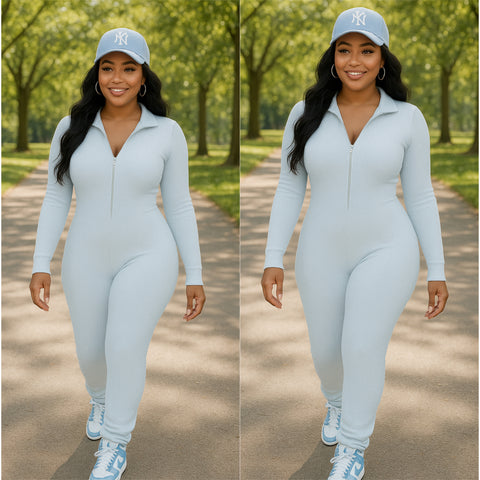 “Breezy” Baby Blue Ribbed Zip Scrunch Bottom Jumpsuit