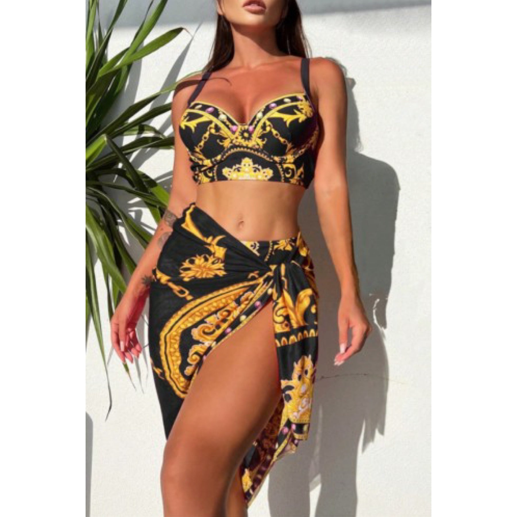 “Golden Kiss” Black & Gold 3 Piece High Waisted Bikini Swimwear & Coverup