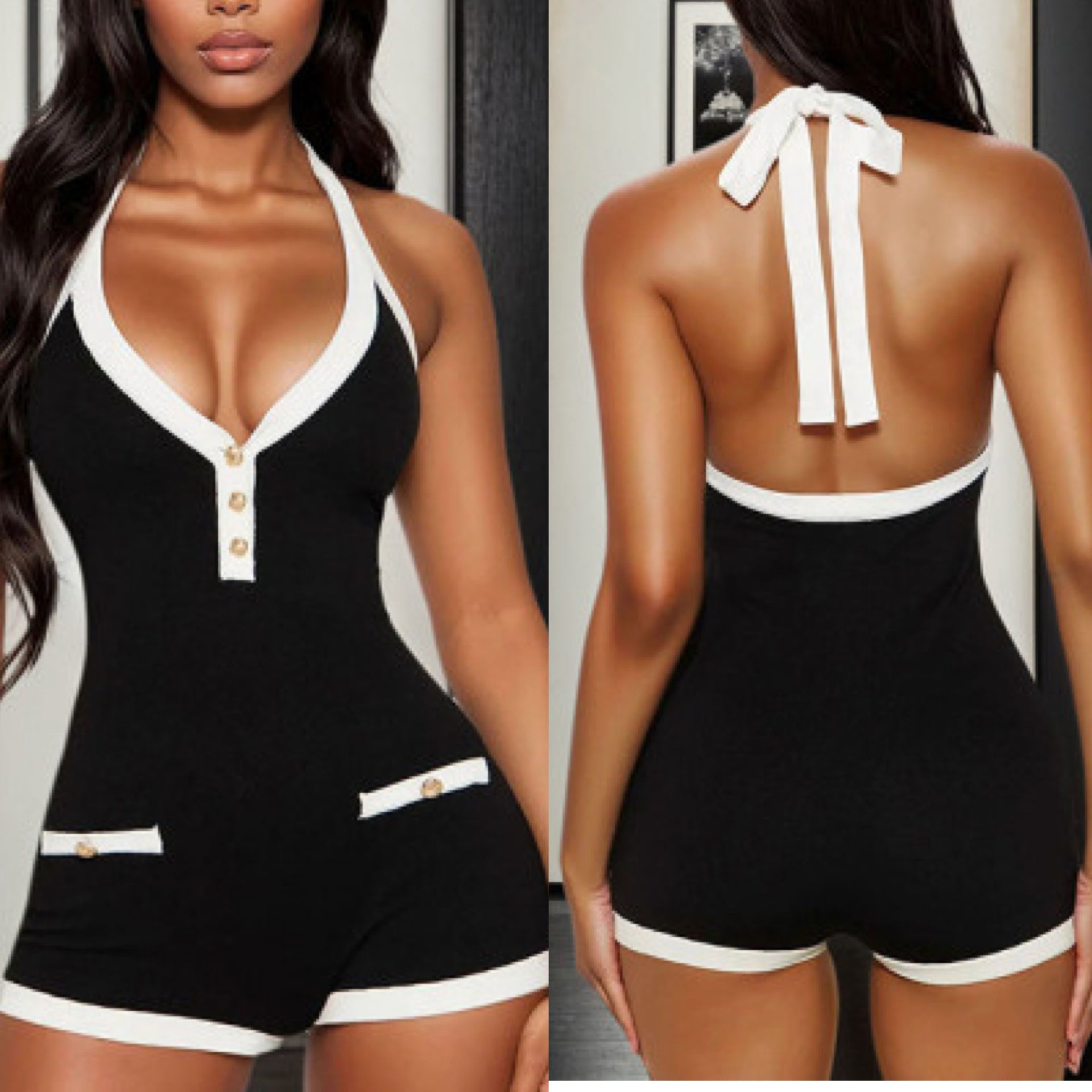 “Ke Ke” Black & White Halter Shorts Romper