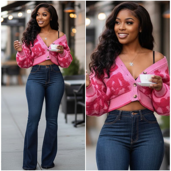 Love is in the Air” 3D Crop Button Long Sleeve Sweater