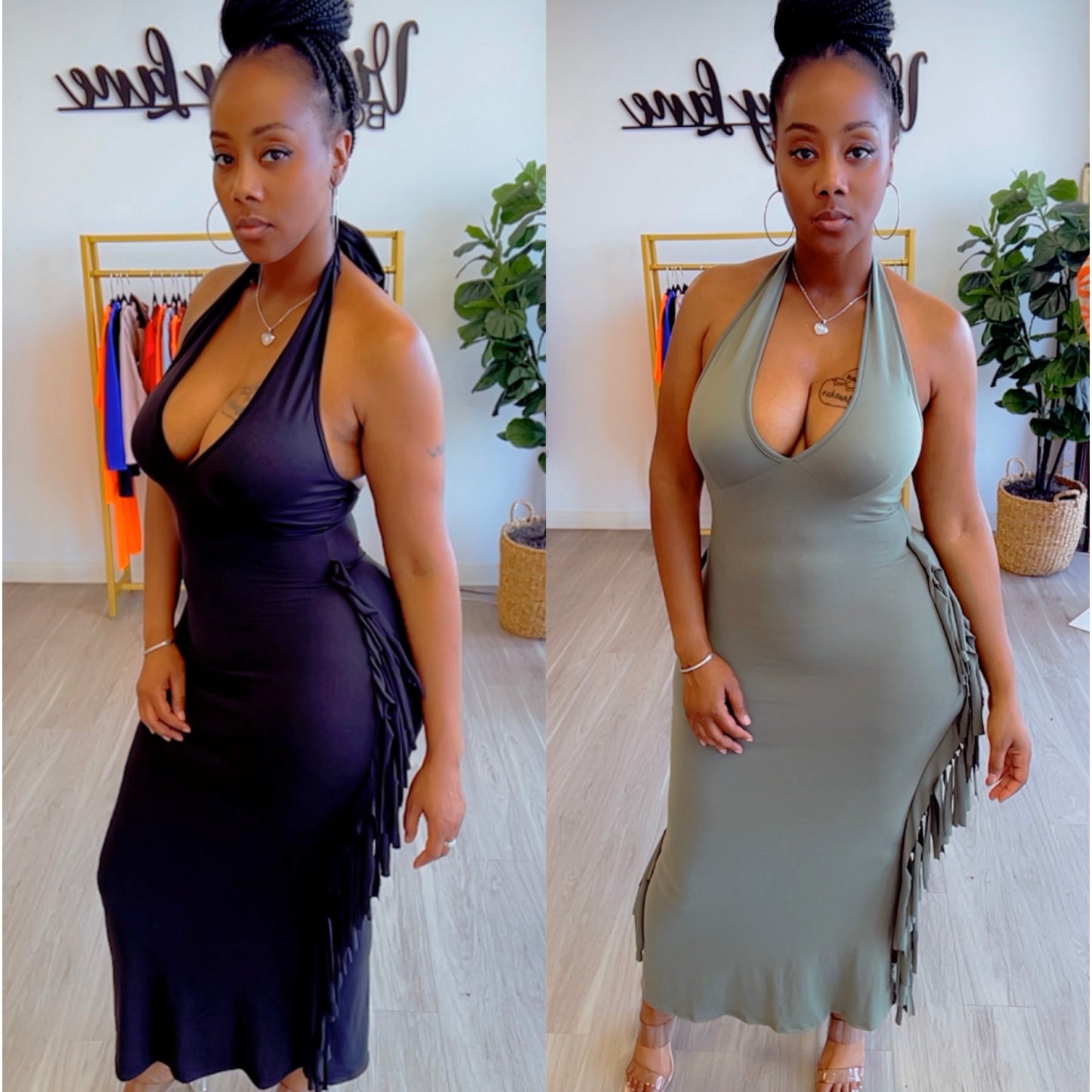 “Shake Them Off” Halter Stretch Fringe Maxi Dress