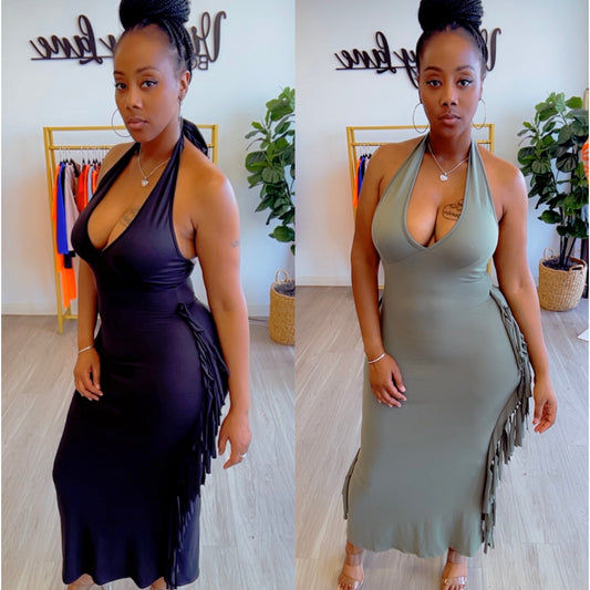 “Shake Them Off” Halter Stretch Fringe Maxi Dress