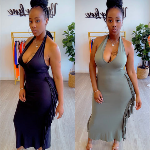 “Shake Them Off” Halter Stretch Fringe Maxi Dress