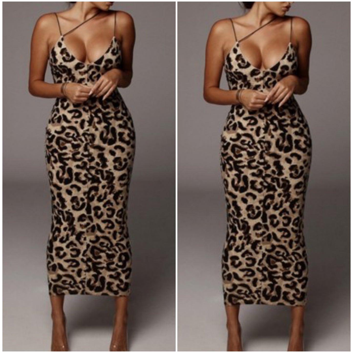 “Caught Up” Leopard Print Asymmetrical Spaghetti Strap Midi Dress