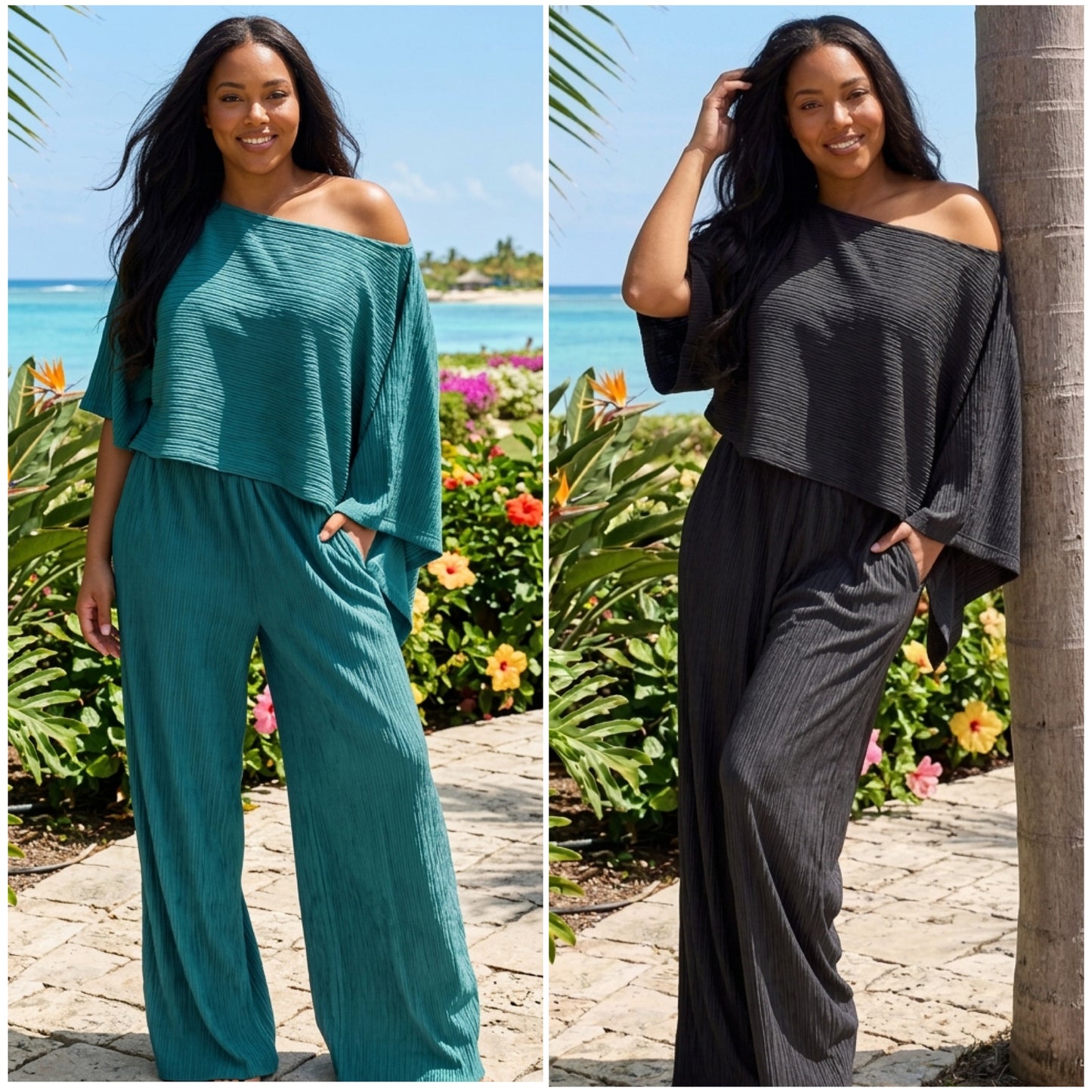 “Tropical Breeze” 2 Piece Wide leg Bat Wing Crinkled Pant Set