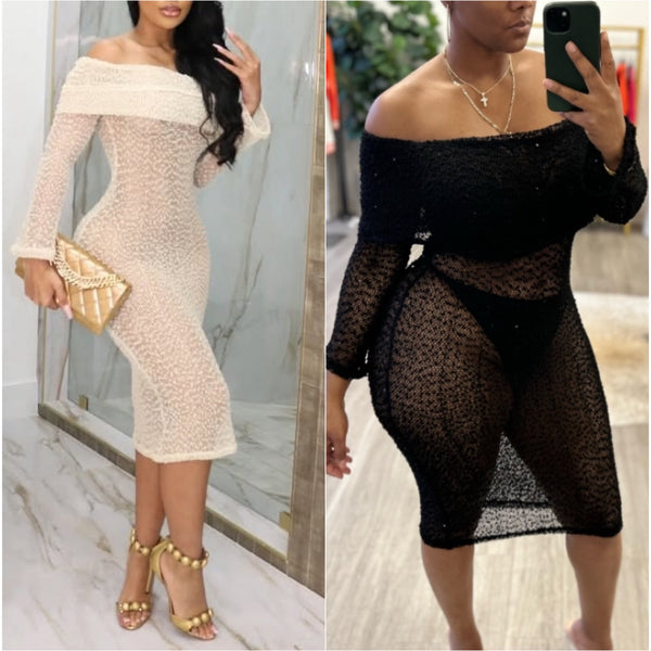 “Carmen” Net Long Sleeve Off the Shoulder Midi Dress Coverup