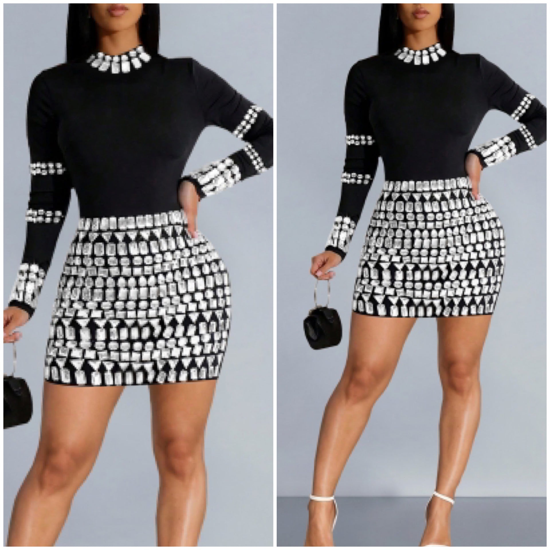 “Diamond” Black Long Sleeve Rhinestone Accent Dress