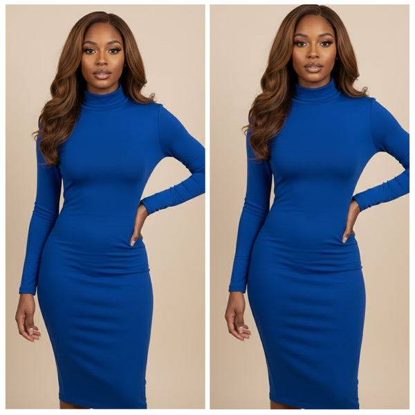 “Kimora” Long Sleeve Fitted Winter Fleece Lined Turtleneck Bodycon Dress
