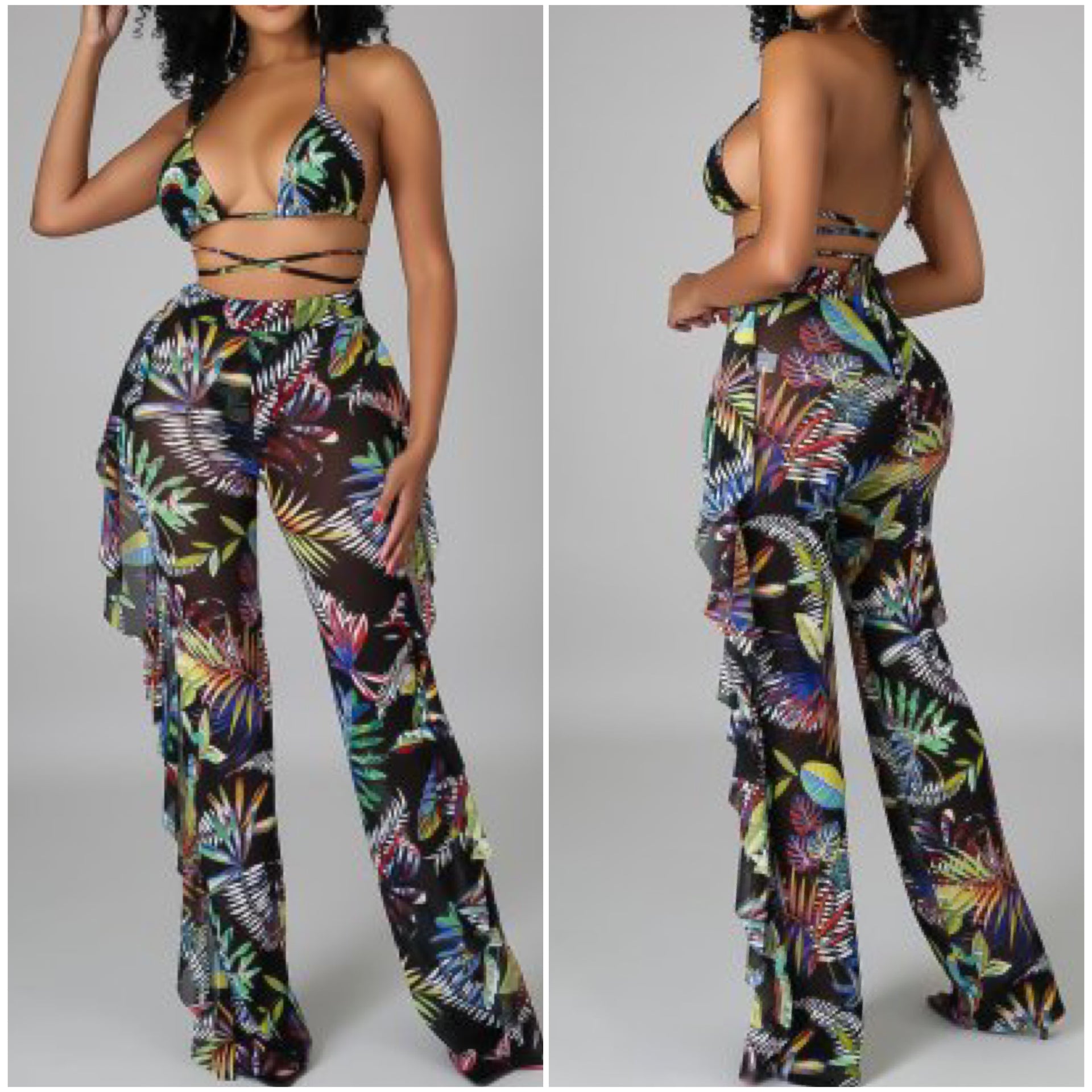 “Palm Bay” Tropical Leaf Mesh 3 Piece Swimsuit