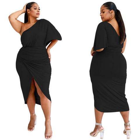 “Adrienne” Black One Shoulder Scalloped Split Maxi Dress