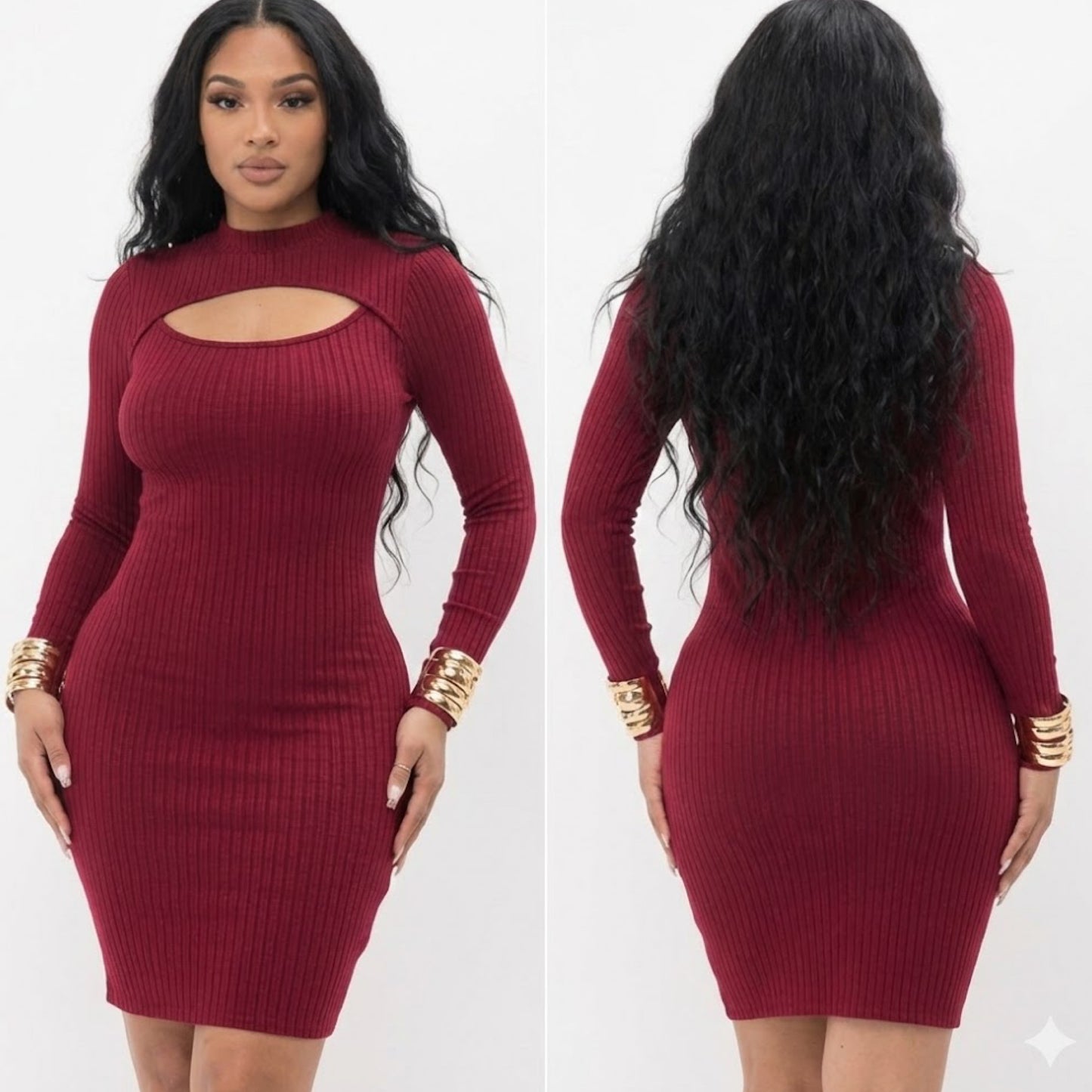 “Merry” Burgundy Long Sleeve Cutout Ribbed Dress