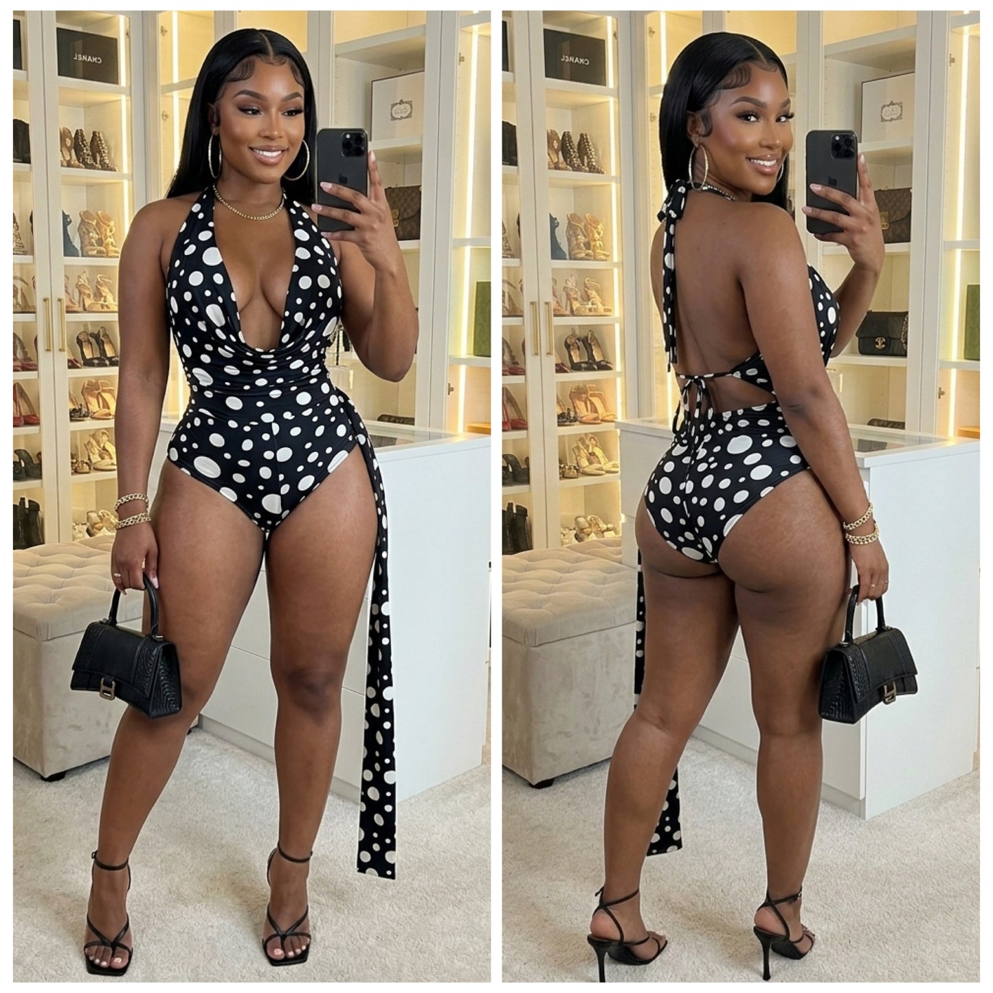 “Rich Auntie” Black Polka Dot One Piece Swimsuit