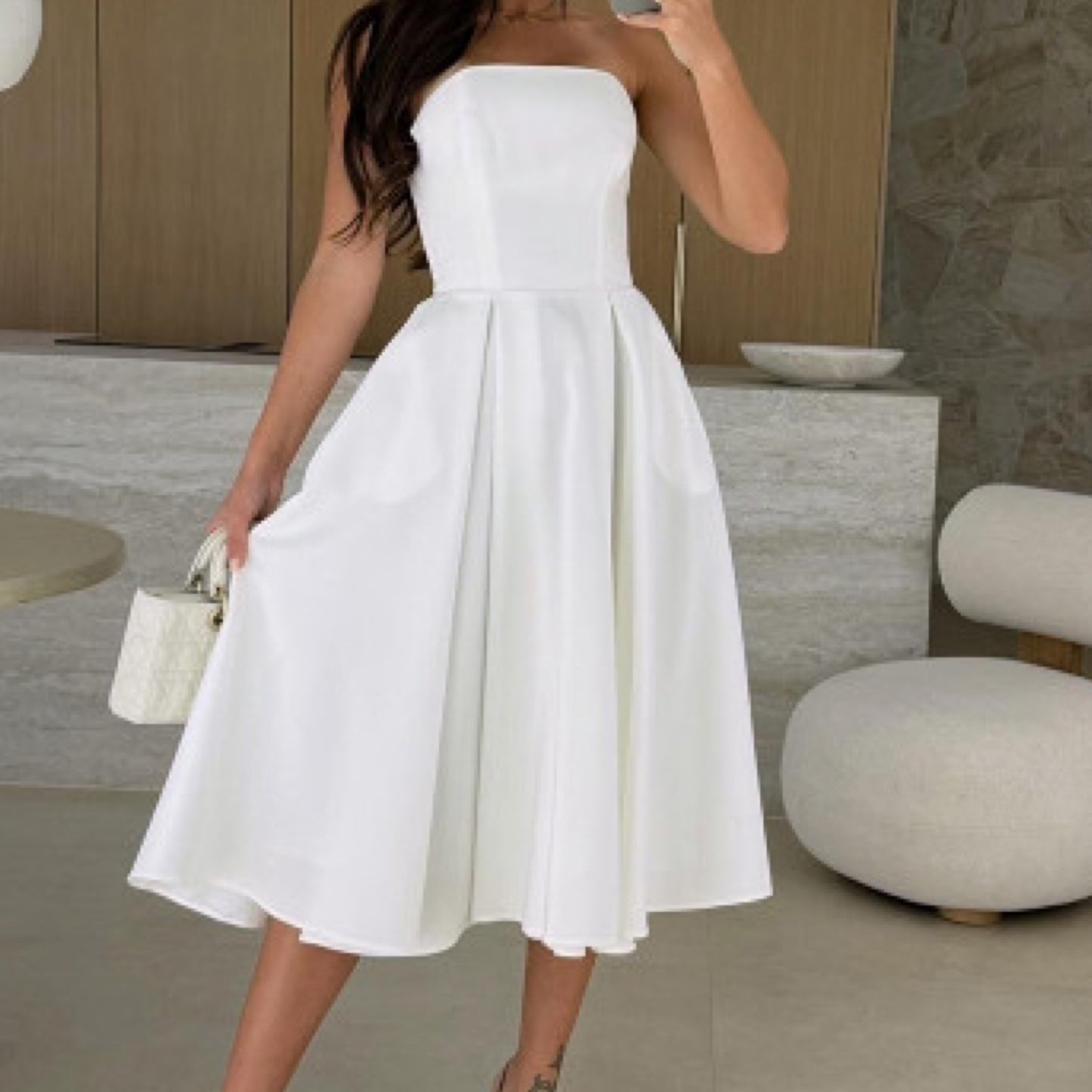 “Natalia” Strapless Off the Shoulder Flare A Line Midi Dress