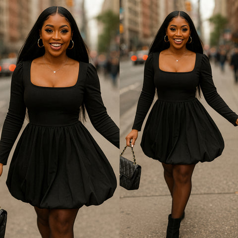 “Shelly” Black Long Sleeve Balloon Dress