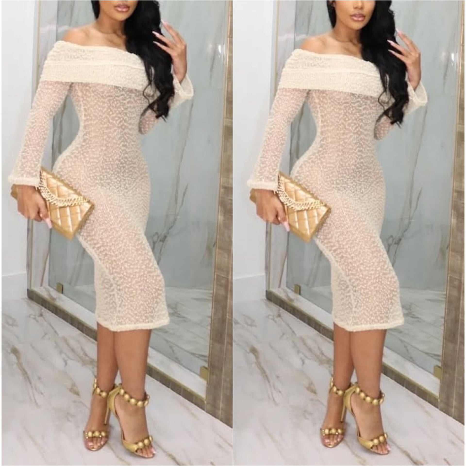 “Carmen” Net Long Sleeve Off the Shoulder Midi Dress Coverup
