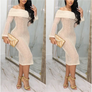 “Carmen” Net Long Sleeve Off the Shoulder Midi Dress Coverup