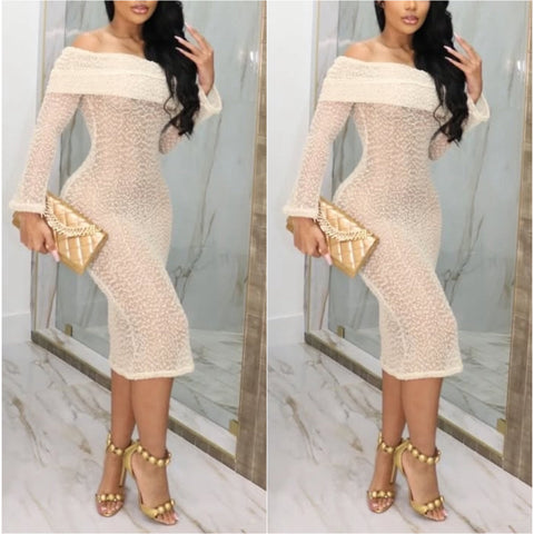 “Carmen” Net Long Sleeve Off the Shoulder Midi Dress Coverup