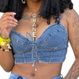 Stretch Denim Front Lace Spaghetti Strap Bustier Top Shirt