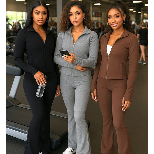 “Flex” Athletic Long Sleeve Thumb Hole Zip Jacket & Bell Pant 2 Piece Set