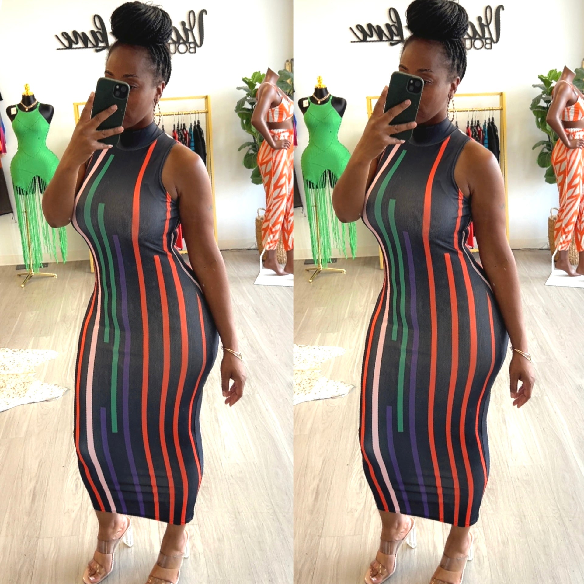 Multi color Piano Stripe Black Sleeveless Ribbed Midi Dress