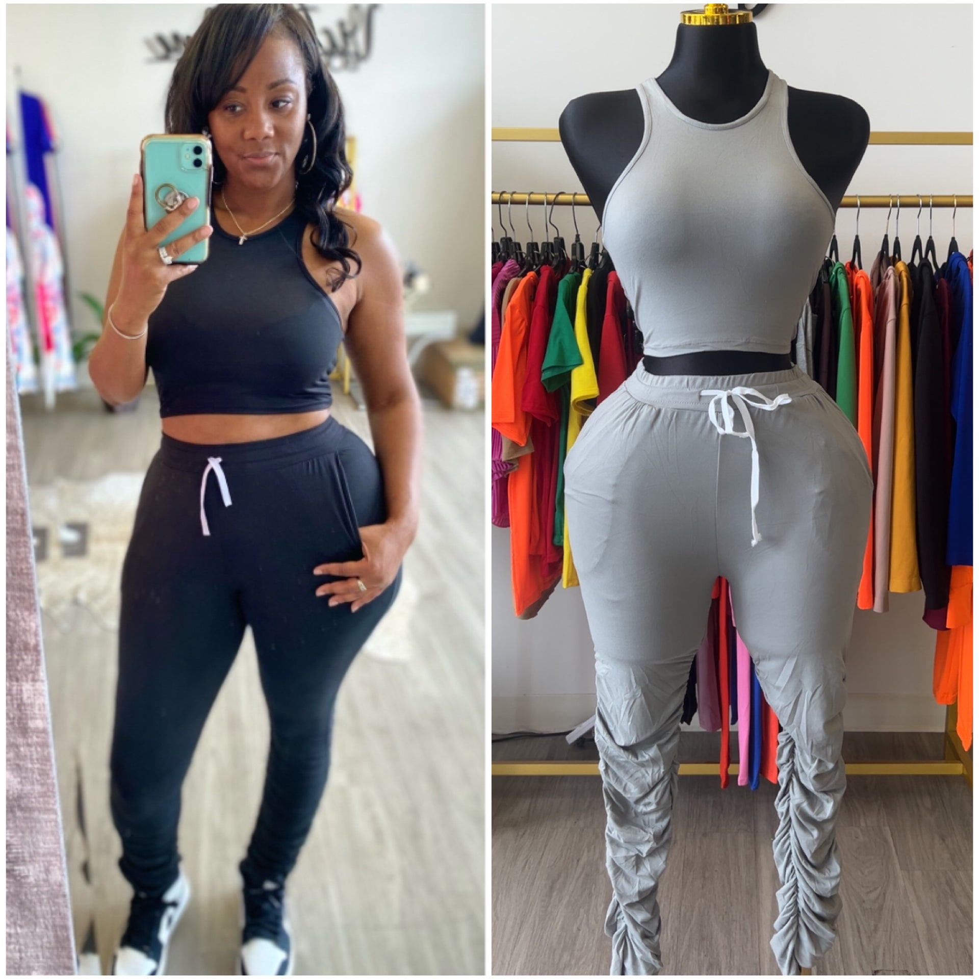 “Skipper” 2 Piece Cotton Stacked Pants & Sleeveless Crop Top Set